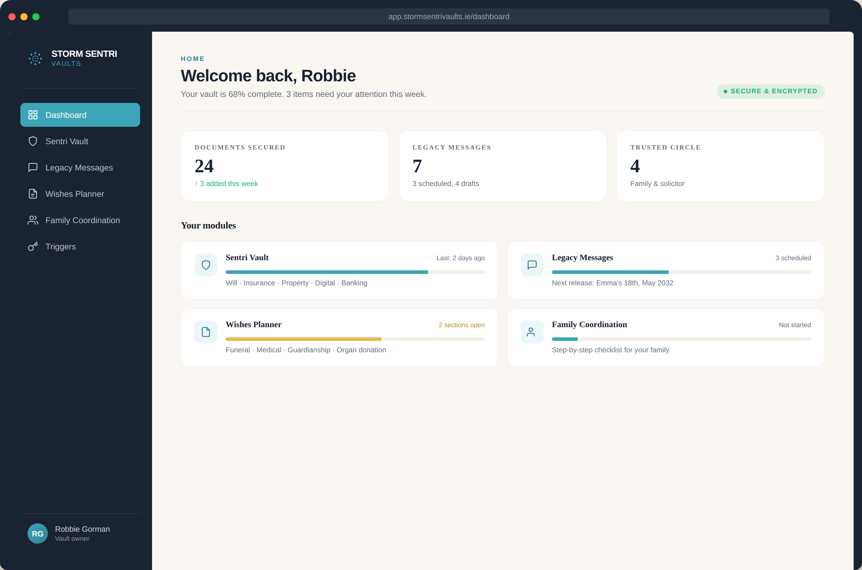 Storm Sentri Vaults dashboard preview